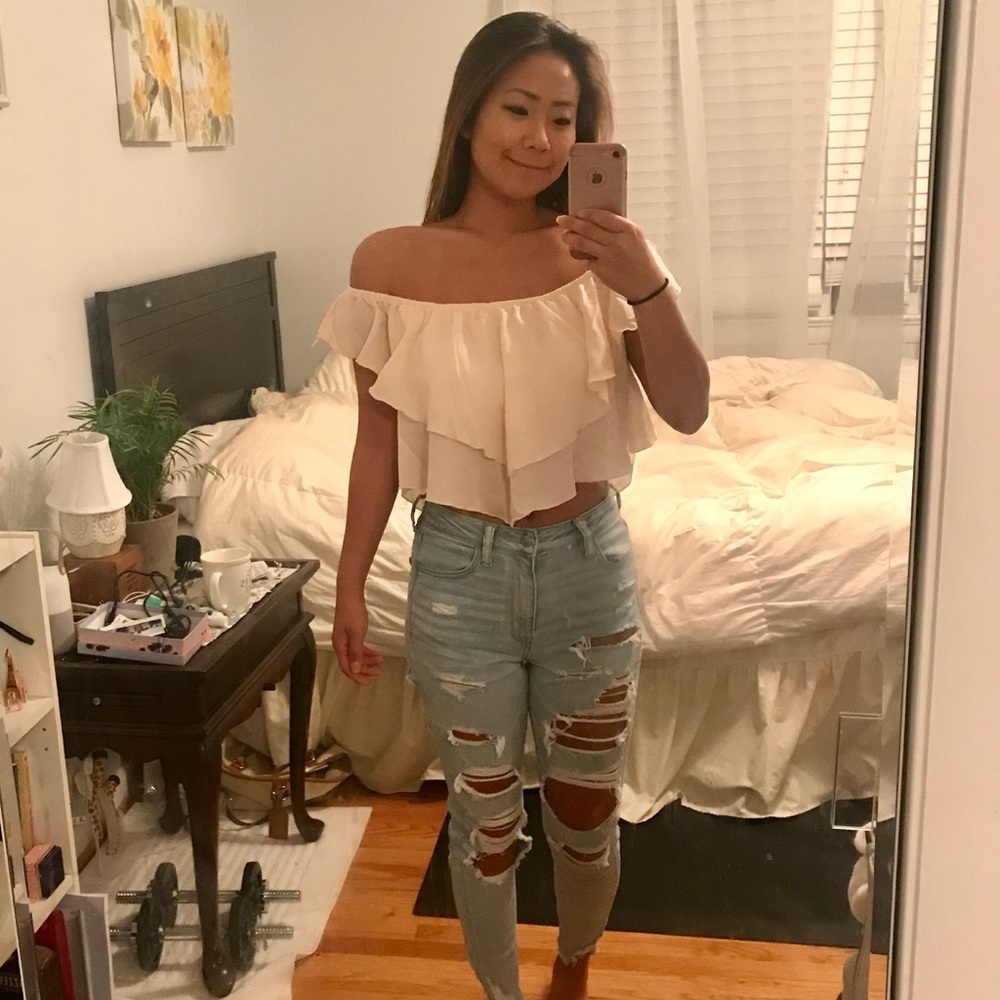 petal pink off the shoulder crop top